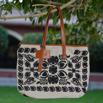 CityBag_ Flowery pattern (Burgundy / off-white / black ) on caffe canvas fabric