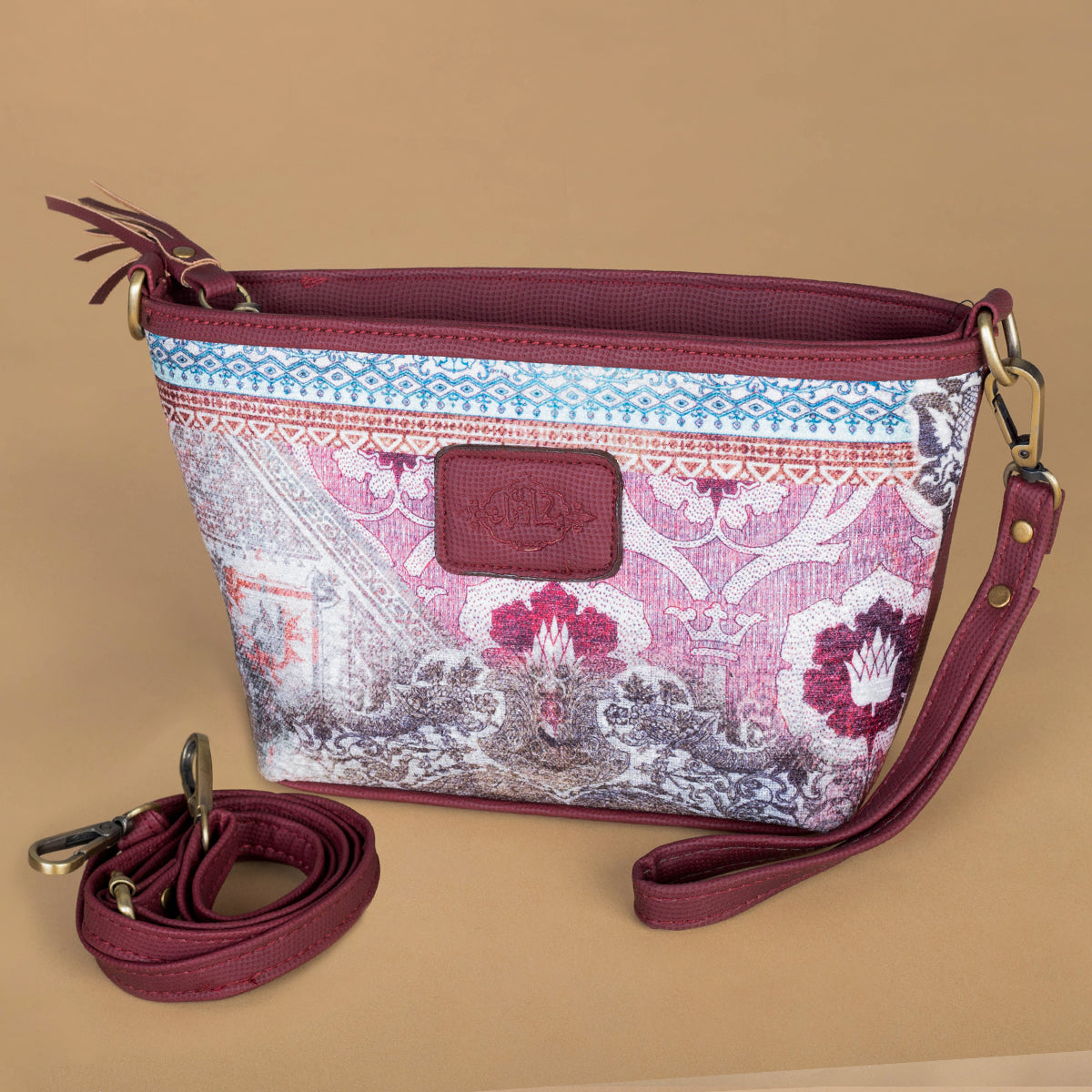 Small CROSS-BAG/ Hand-bag  _ college pattern Burgundy