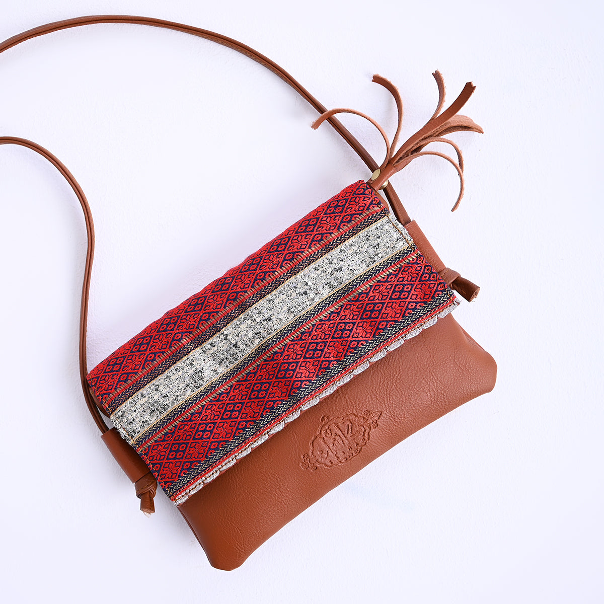 Cross-bag with Indian Serma handmade Fabric _Camel leather