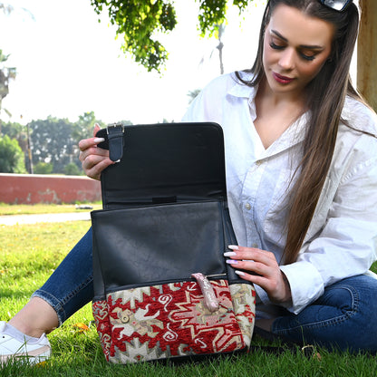 Small Backpack Red Carpet with Black Leather