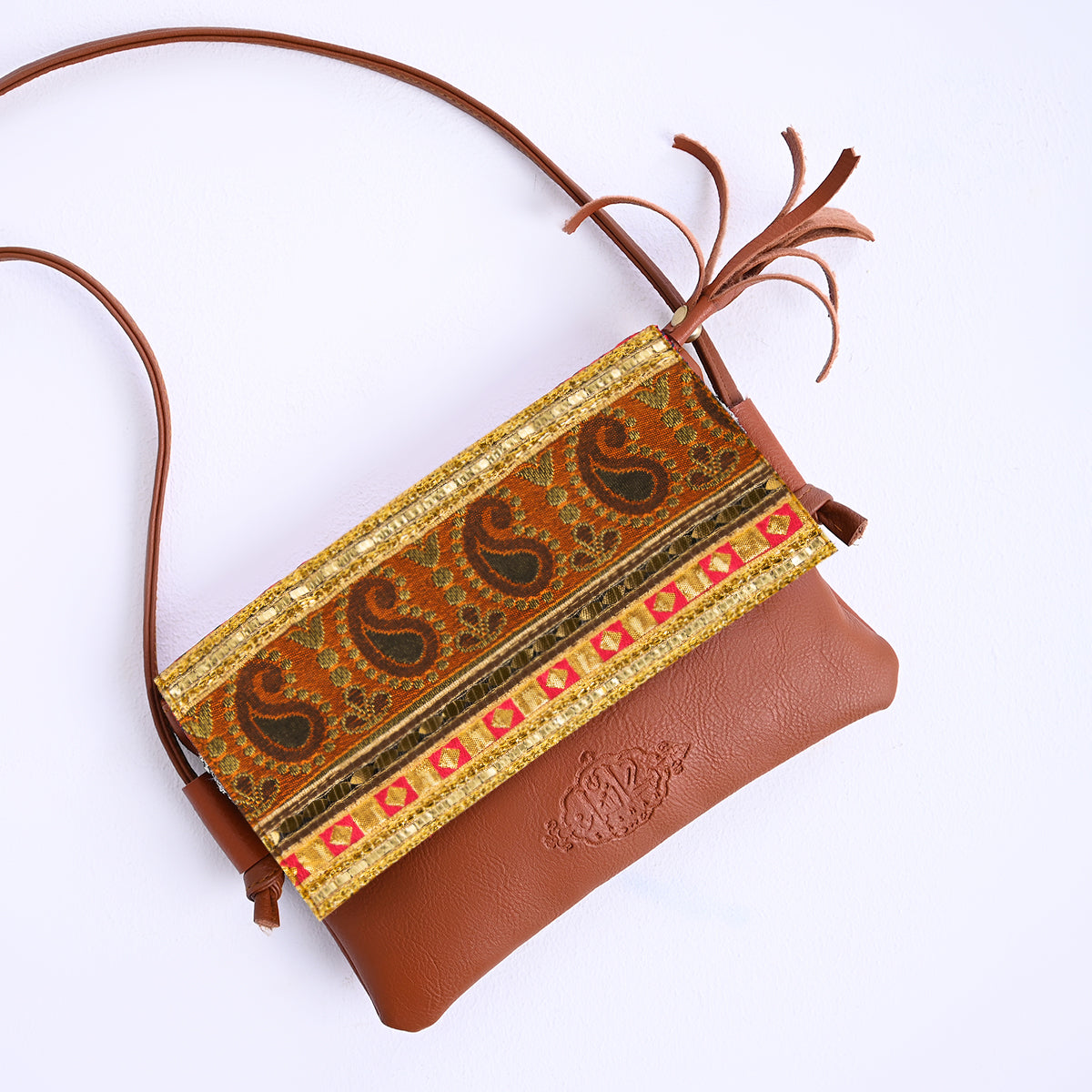 Cross-bag with Indian Serma handmade Fabric _Camel leather