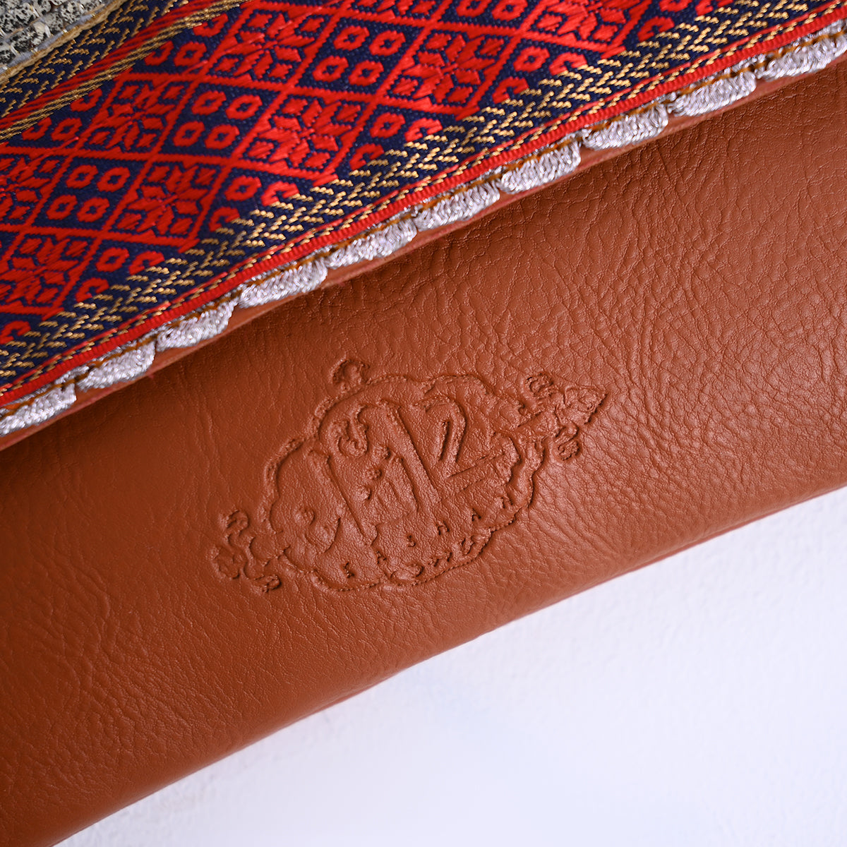 Cross-bag with Indian Serma handmade Fabric _Camel leather
