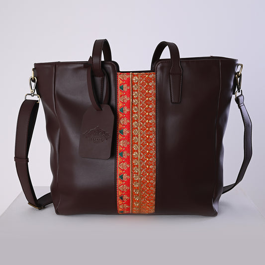 Hand-Bag with Indian Serma handmade Fabric _ Brown