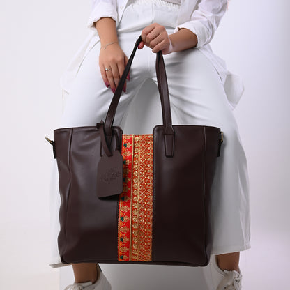 Hand-Bag with Indian Serma handmade Fabric _ Brown