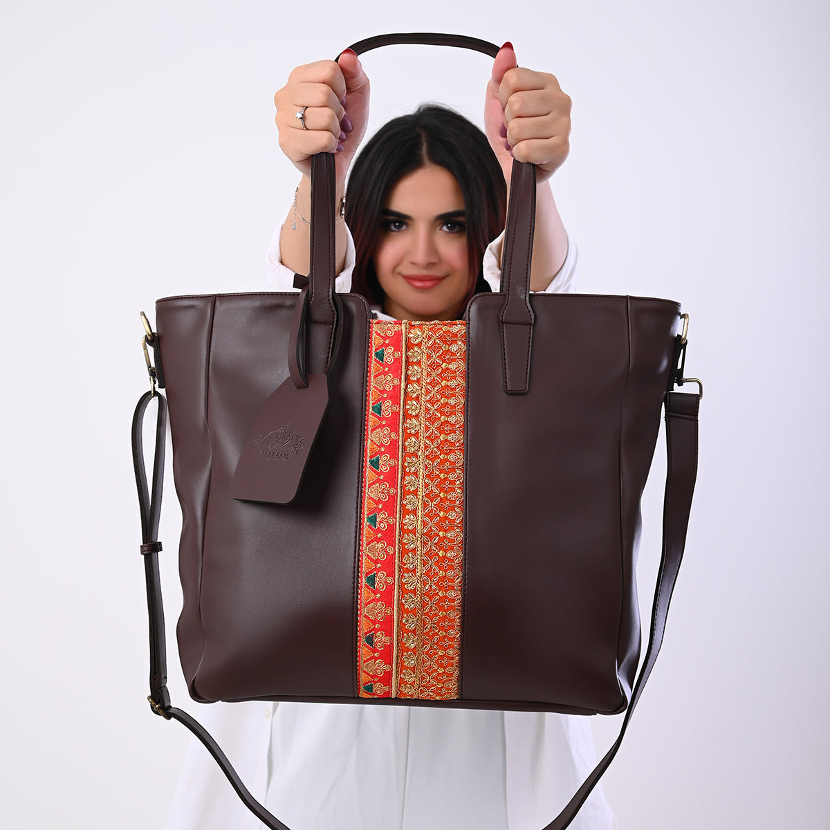 Hand-Bag with Indian Serma handmade Fabric _ Brown