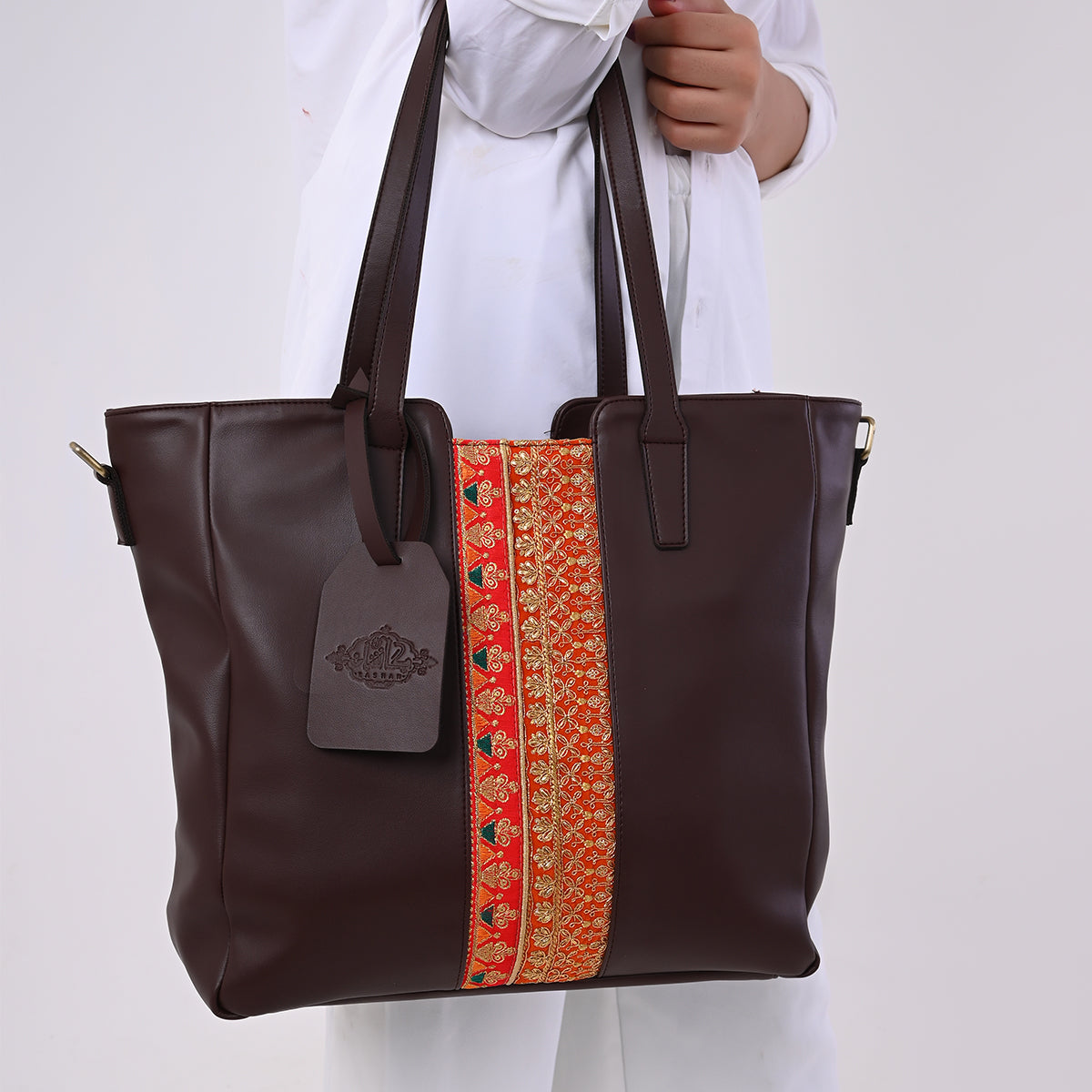 Hand-Bag with Indian Serma handmade Fabric _ Brown