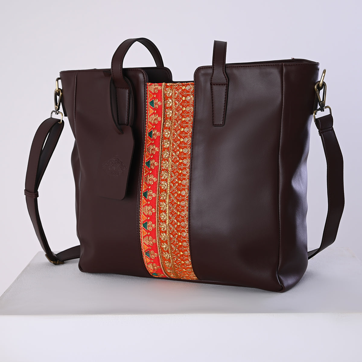 Hand-Bag with Indian Serma handmade Fabric _ Brown