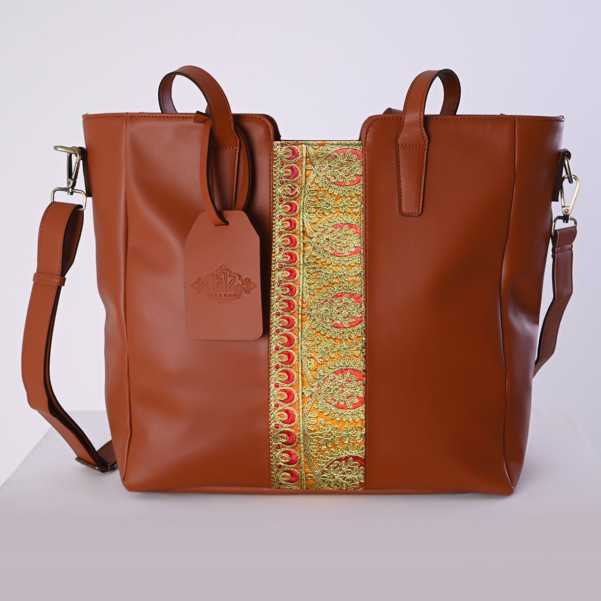 Hand-Bag with Indian Serma handmade Fabric _ Camel