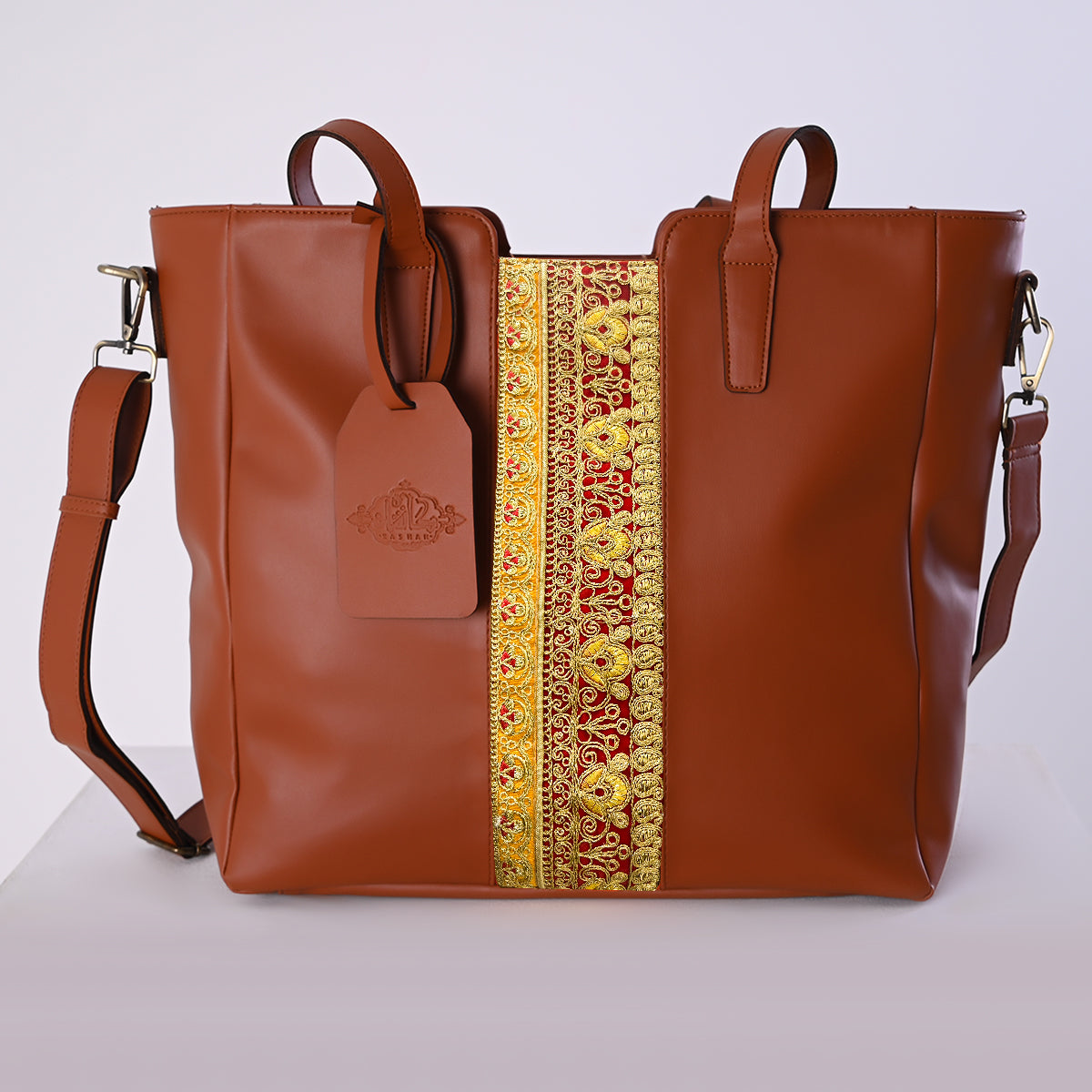 Hand-Bag with Indian Serma handmade Fabric _ Camel