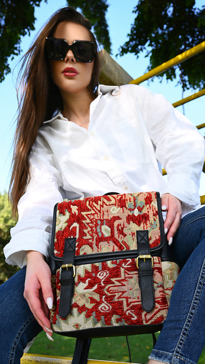 Small Backpack Red Carpet with Black Leather