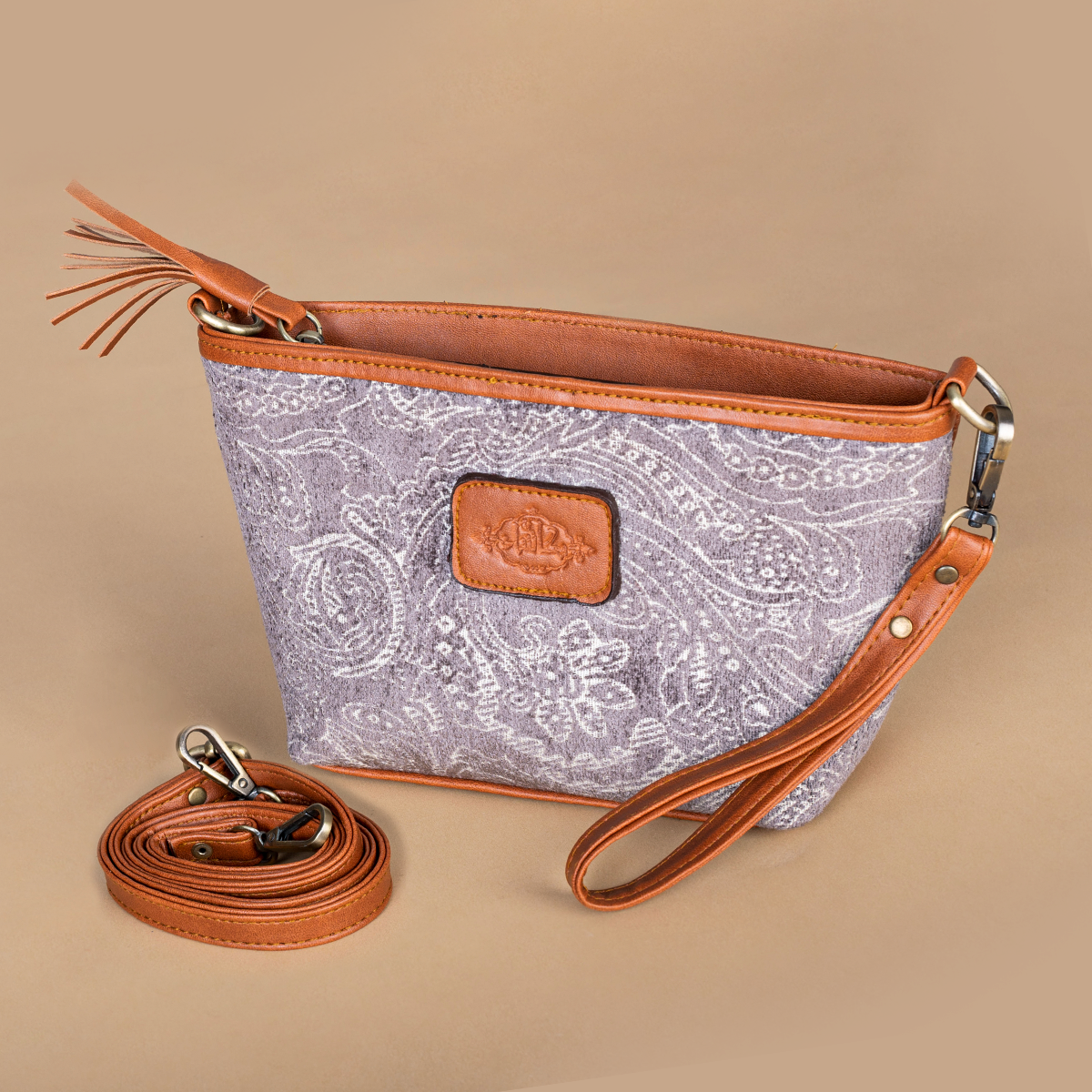 Small CROSS-BAG/ Hand-bag _Kashmir pattern _Camel brown